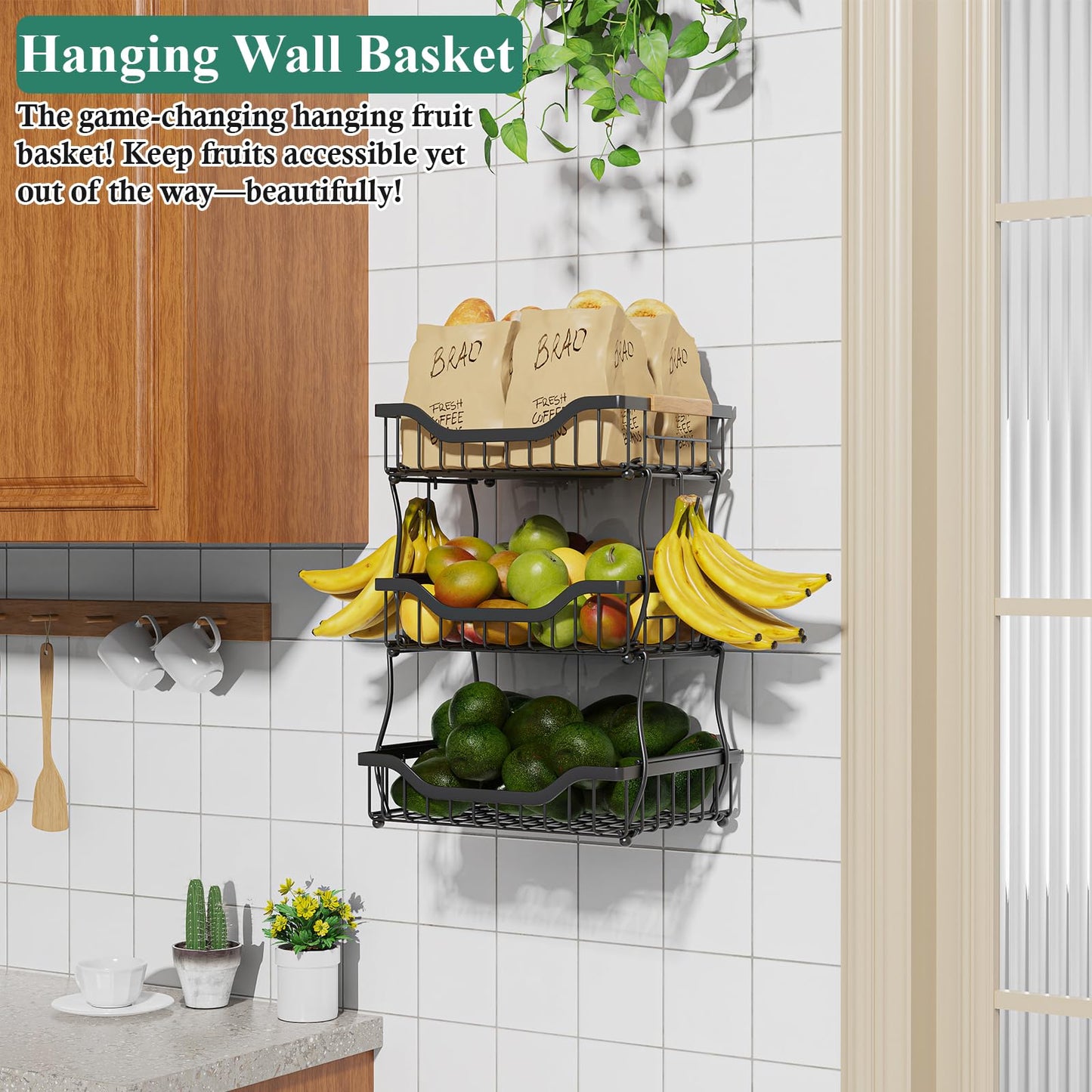 OKZEST 3-Tier Fruit Basket for Kitchen Counter with 2 Banana Hangers, Countertop Organizer Fruit Bowls, Fruit Storage Basket Stand with Handle for Storage Potato Onion Bread Snack Fruit Veggie