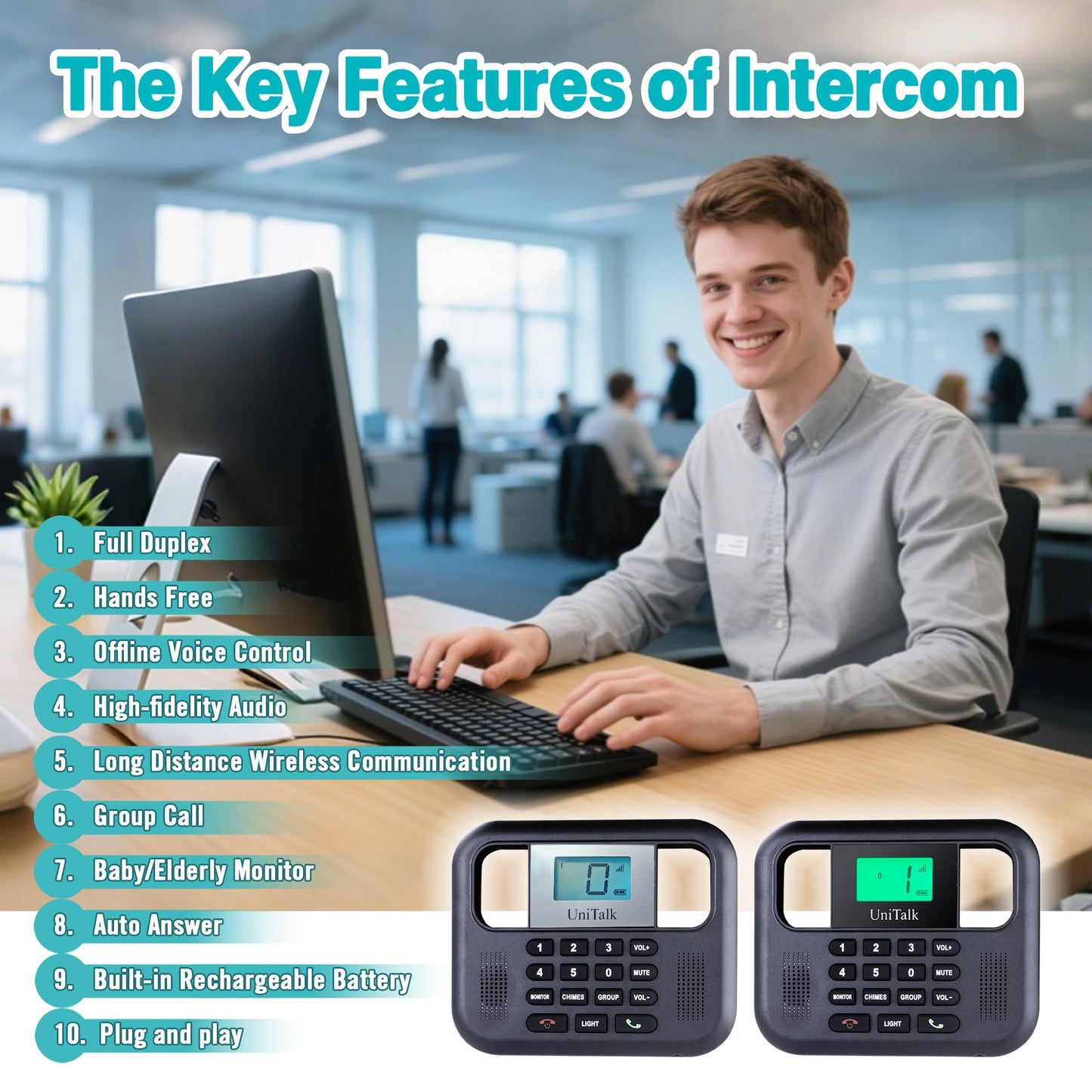 UniTalk Wireless Intercoms for Home & Office, Two-Way Real-time Full-Duplex Voice System with Offline Voice Control & Monitor Function, Clear Sound, Up to 800 Meters (1/2 Mile) Range (UT-001-1F2P)