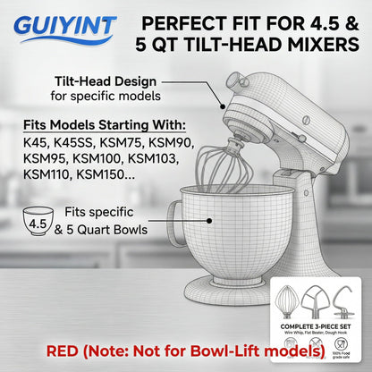 Guiyint Stainless Steel 3 Piece Mixer Attachments Kit – Replacement for KitchenAid Tilt-Head & Bowl-Lift Stand Mixers (4.5, 5, 6 Quart) – Includes Dough Hook, Flat Beater, 6-Wire Whisk
