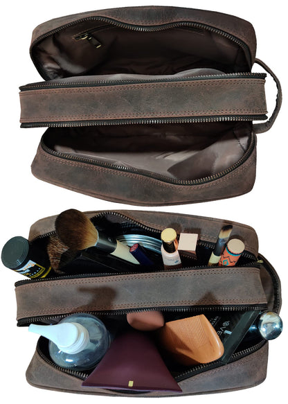 RUSTIC TOWN Full Grain Leather Travel Toiletry Bag - Cosmetic Ditty Kit Organizer (Dark Brown)