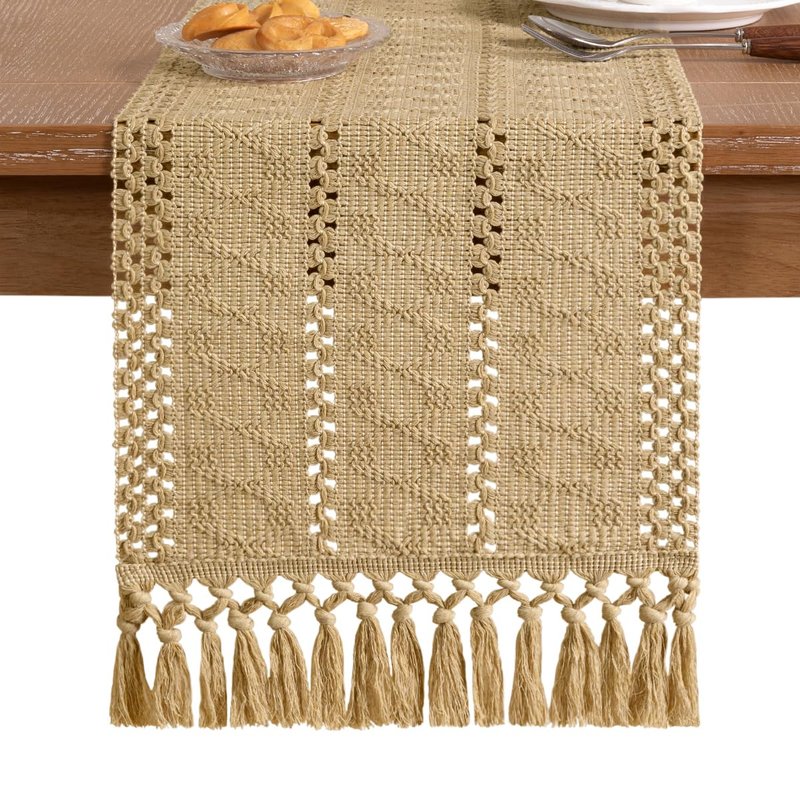 Socomi Boho Table Runner Summer Farmhouse Rustic Dining Kitchen Centerpiece Decor Small Macrame Woven Cotton Linen Coffee Table Runner for Dresser Scarf Home Decor 12x36 inch Champagne