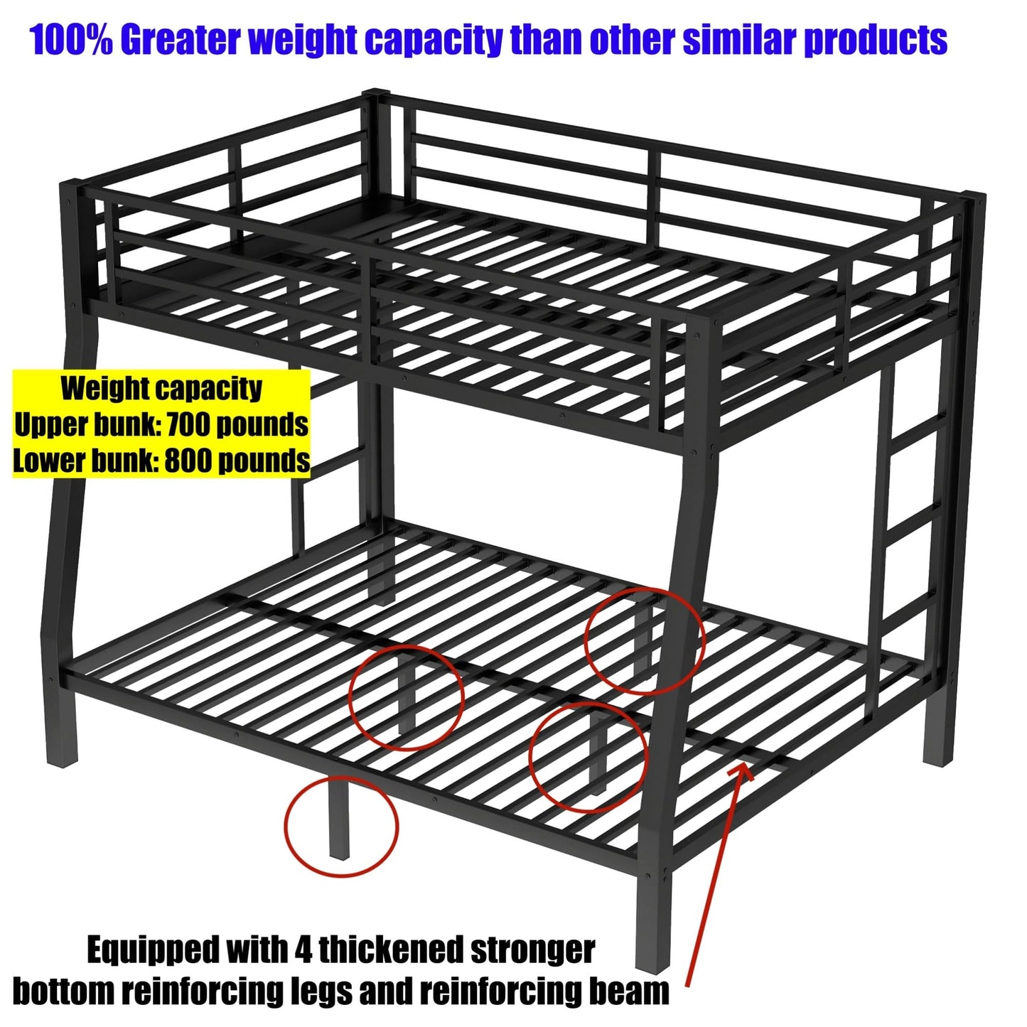 LEEKAF Stronger & Higher Quality Heavy Duty Steel Twin XL Over Queen Bunk Bed, Safer More Stable Thickened Metal Bunk Queen Bed with Enhanced Legs & Slats (Faster Assembly)