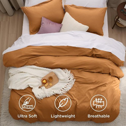 Bedsure Honey Ginger Duvet Cover - Extra Soft Prewashed Cotton Twin Set, 68x90 Inches with Zipper Closure & Pillow Sham