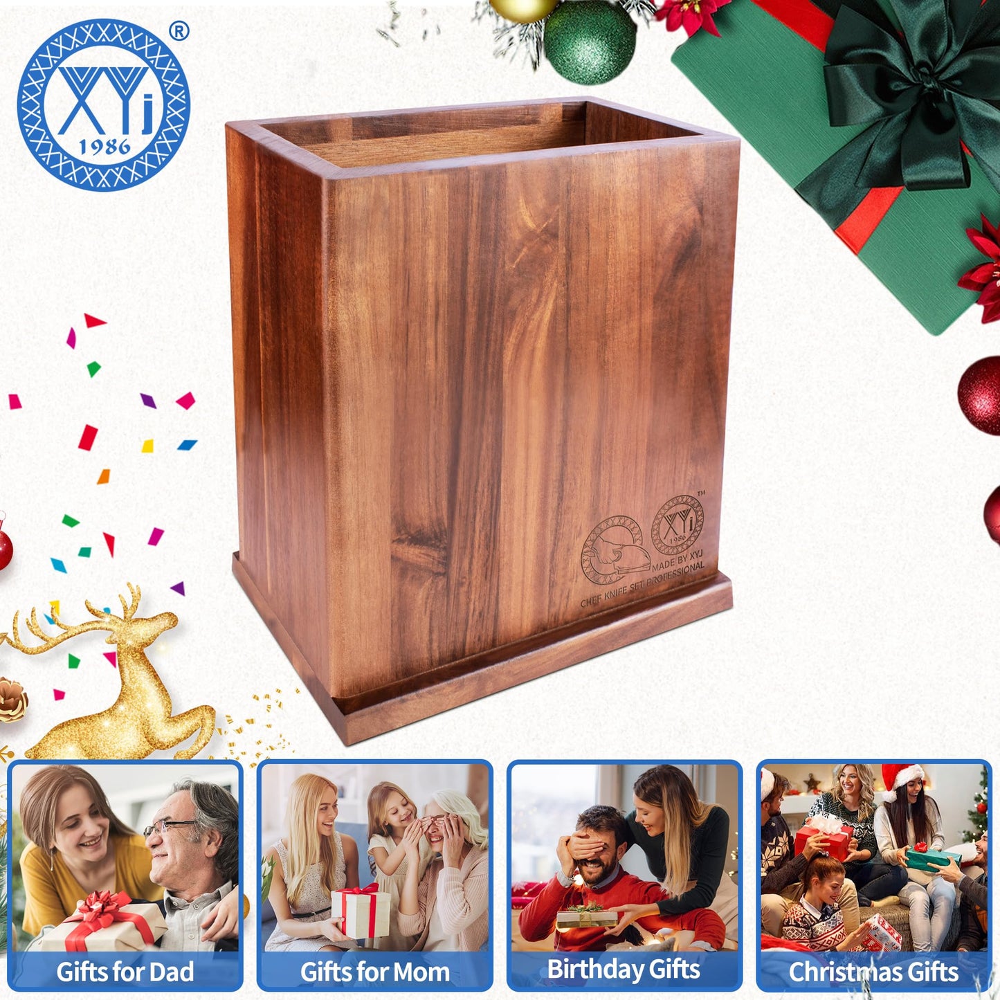 XYJ Authentic Since 1986, Magnetic Knife Block, Double Side Kitchen Knife Stand, Acacia Wood, Magnetic Knife Holder with Strong Enhanced Magnets,Knives Storage Rack Stand for Home Kitchen