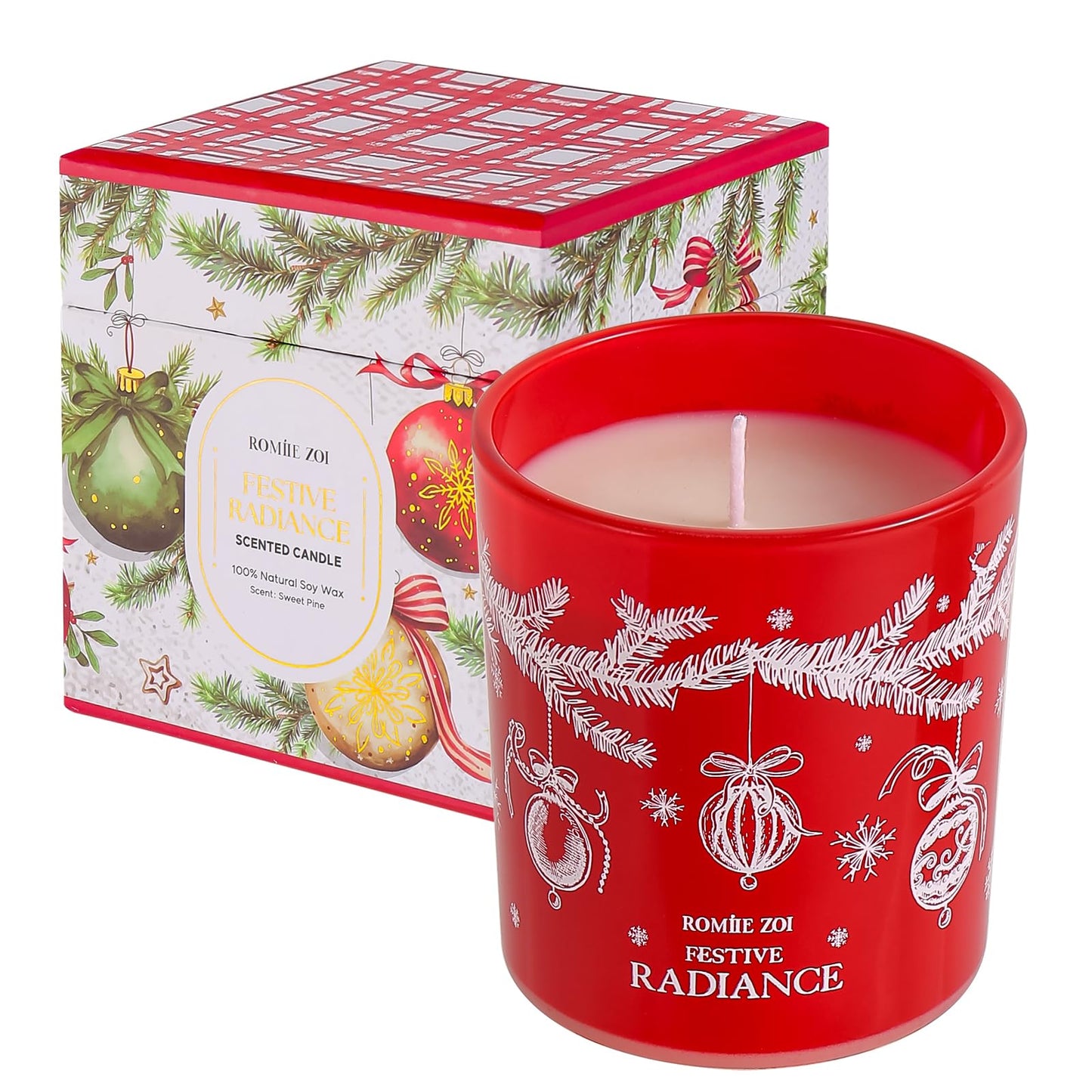 ROMIIE ZOI Christmas Scented Jar Candle - 6oz Soy Wax Candle - Festive Radiance Infused with Sweet Pine Aroma - with Beautiful Keepsake Box Special for Christmas/Holiday Gifts