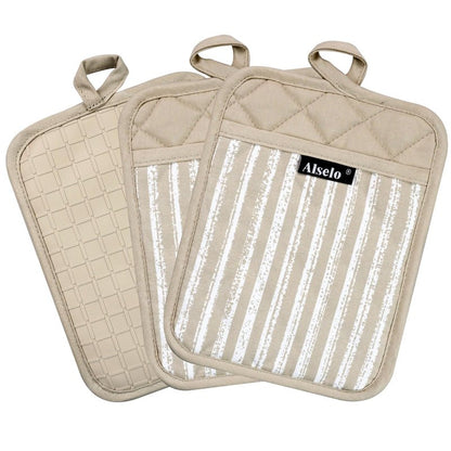 Alselo Silicone Pot Holders Set of 3 Heat Resistant & Non Slip Potholders, Professional Oven Hot Pads with Pockets Mitts for Kitchen Cooking Baking Barbecue (Khaki, 3)