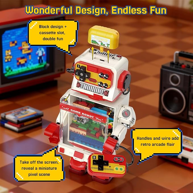 Fantastic Idea Game Robot Building Block Sets Retro Game Console Building Toys Pixel Style Collection &amp Display DIY Model Kit Creative Gifts for Adults Teens 14+（592PCS）