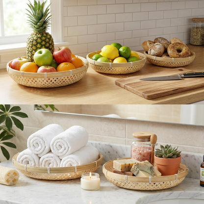 Hiceeden 3 Pack Round Bamboo Serving Trays, Decorative Wicker Basket Tray for Food, Natural Woven Shallow Tray for Fruit, Vegetables, Bread