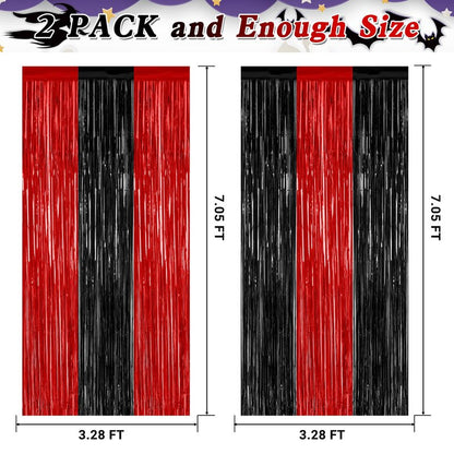 2 Pack Backdrop Curtains, 3.28 FT x 7.05 FT Black and Red Party Decor, Metallic Party Streamer Tinsel Foil Fringe Curtains, Foil Curtains Backdrop Halloween Decorations Party Supplies