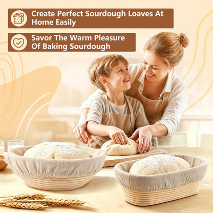 Sourdough Bread Baking Supplies, 2 Pack Banneton Bread Proofing Basket 10 inch Round & 10 inch Oval Proofing Bowls for Sourdough Bread with Liner Making Baking Fermentation Tools