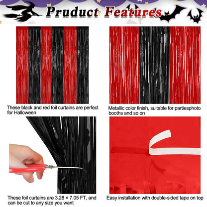 2 Pack Backdrop Curtains, 3.28 FT x 7.05 FT Black and Red Party Decor, Metallic Party Streamer Tinsel Foil Fringe Curtains, Foil Curtains Backdrop Halloween Decorations Party Supplies