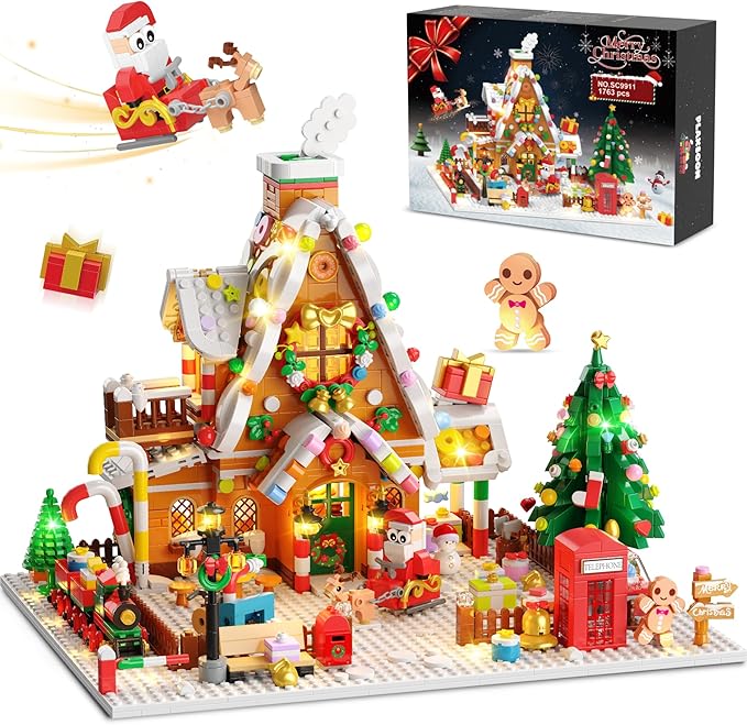 2025 Christmas Gingerbread House Courtyard Mini Building Set with Lights Christmas Village Building Block Toy with Santa Xmas Tree Holiday Train Gift for Adults Boys Girls 14+ (1763PCS)