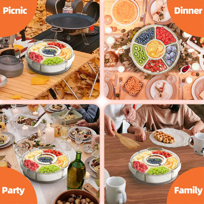 riyeloi Divided Serving Tray with Lid and Handle, Stackable Snackle Box Container for Fruits Candy Organizer, Portable Spinning Rounded Veggie Tray for Kitchen, Party, Trave and Picnic-1 PACK