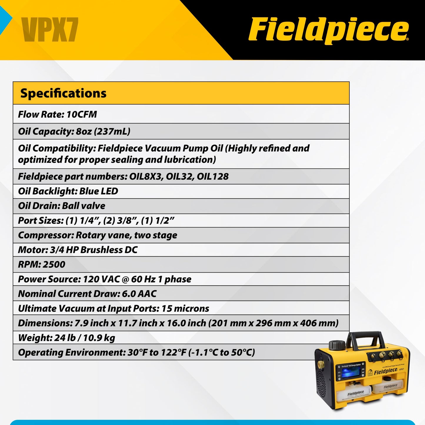 Fieldpiece VPX7 Vacuum Pump – 10 CFM, ¾ HP DC Motor, RunQuick Oil Change System – Portable - Professional HVAC Tool - A2L Compatible