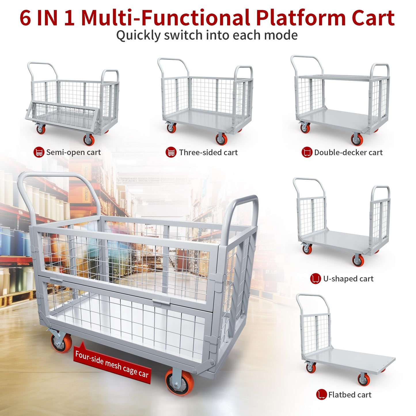 YITAMOTOR 2000lbs Platform Truck Cart with Cage, 6-in-1 Foldable Heavy Duty Hand Truck Flatbed Cart with 6" Swivel Casters, Multi-Functional Push Dolly for Grocery, Laundry, Warehouse, Storage