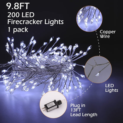Minetom Fairy Lights Plug in, 10Feet 200LED Cluster String Lights, Silver Wire Waterproof Starry Firecracker Lights for Ceiling Bedroom Wreath Window Wedding Christmas Tree Decorations, Pure White