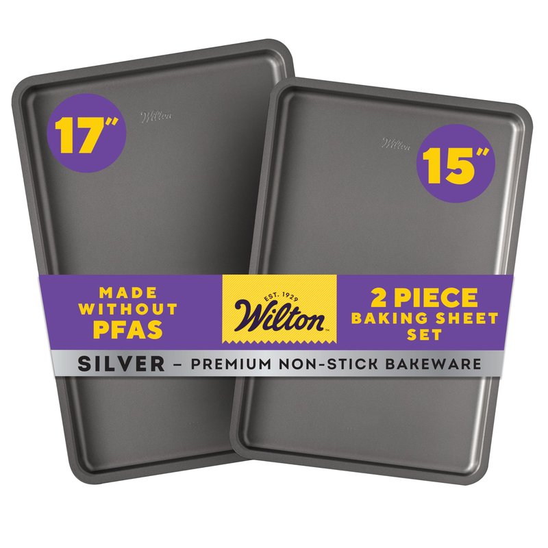 Wilton Silver 2- Piece Non-Stick Baking Sheet Set, Cold-Rolled Steel Bakeware for Baking and Roasting, Made without PFAS