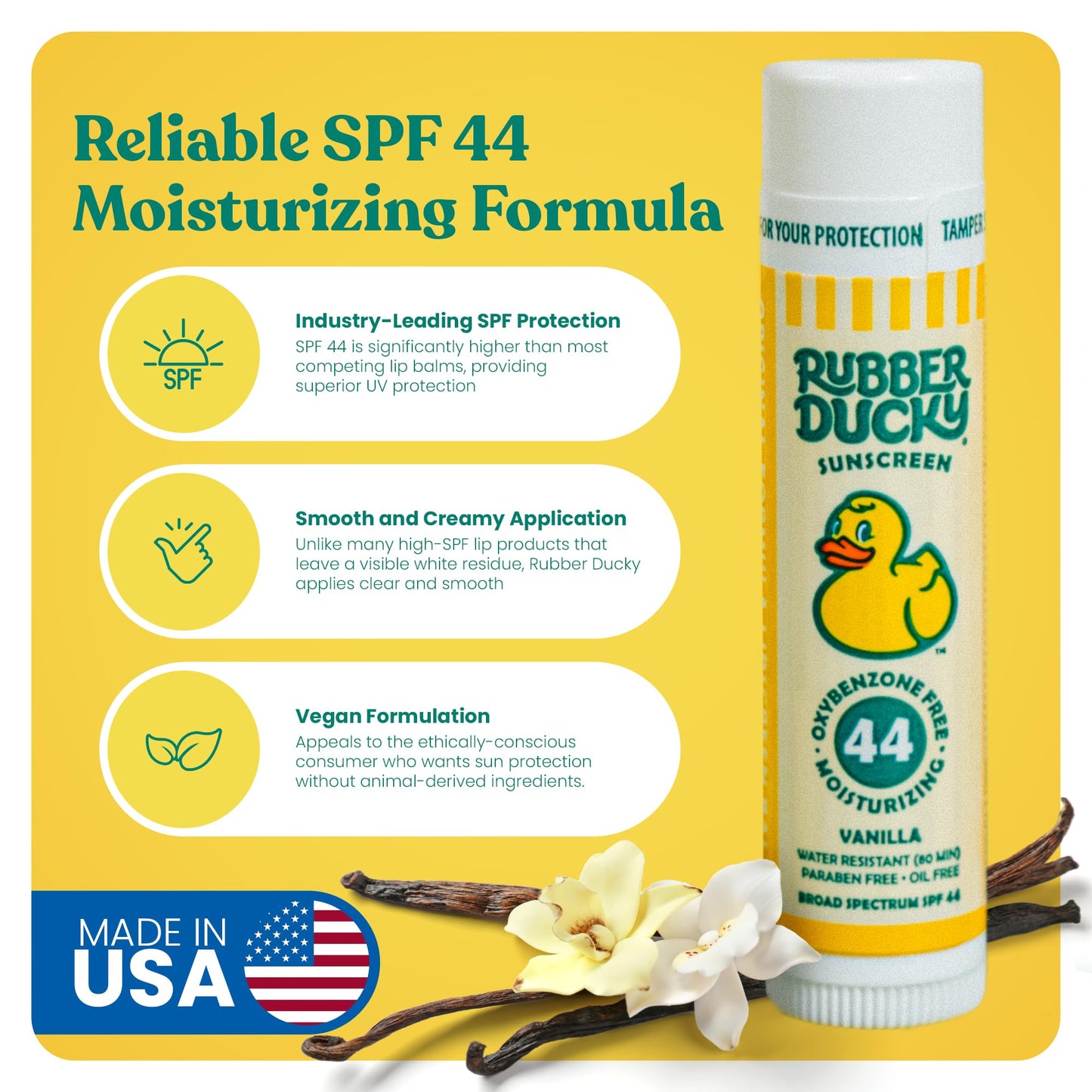 Rubber Ducky | Lip Balm with SPF 44, Water Resistant Sunscreen Lip Balm | Vegan, Untinted, Vanilla Flavor, with Vitamin E | All Season - Broad Spectrum Sunscreen for Lips