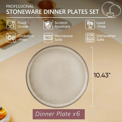 Herogo Ceramic 10.43 Inch Dinner Plates Set of 6, Stoneware Dinnerware Plate Set, Double Reactive Glaze Large Dinnerware Plates for Kitchen, Microwave, Oven & Dishwasher Safe, Cream Khaki