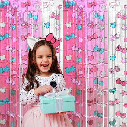 Bupelo Kawaii Birthday Decorations, 2 Pack Cartoon Cat Theme Party Supplies, 3.3 x 6.6ft Tinsel Foil Fringe Curtains, Bow Photo Booth Props, Backdrop Streamers, Perfect Room & Doorway Decor for Girls