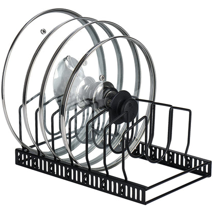 Toplife Pot Lids Organizer Rack for Cabinet and Countertop, 7+ Pan Lids and Bakeware Organizer Rack Holder with 7 Adjustable Compartments - Black