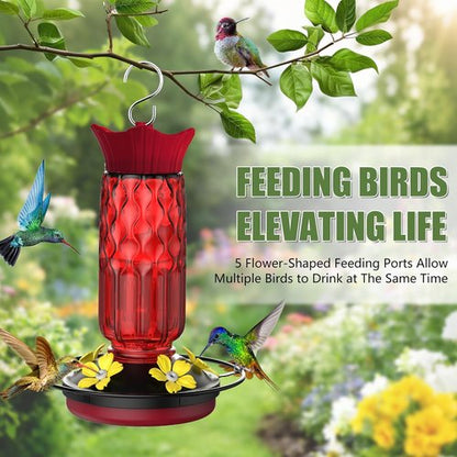 Hummingbird Feeders - 16 Oz Hanging Feeder with 5 Flower Ports & Ant Moat | Perfect Outdoor Garden Decor