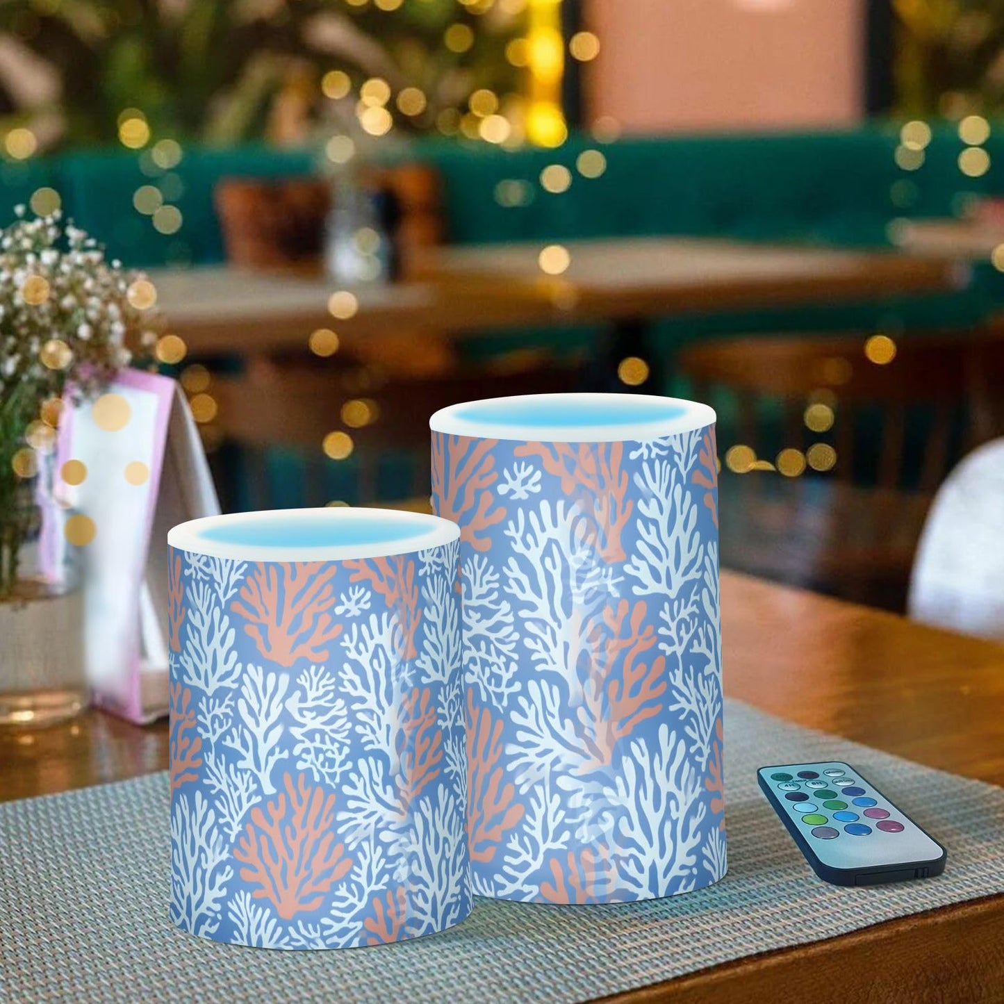 zyrtty 2 Pack Plastic Flameless Candles Coral Pattern Battery Operated with Remote and Timer Real Wax LED Flickering Pillar Candles Set Window Christmas Holiday Decor