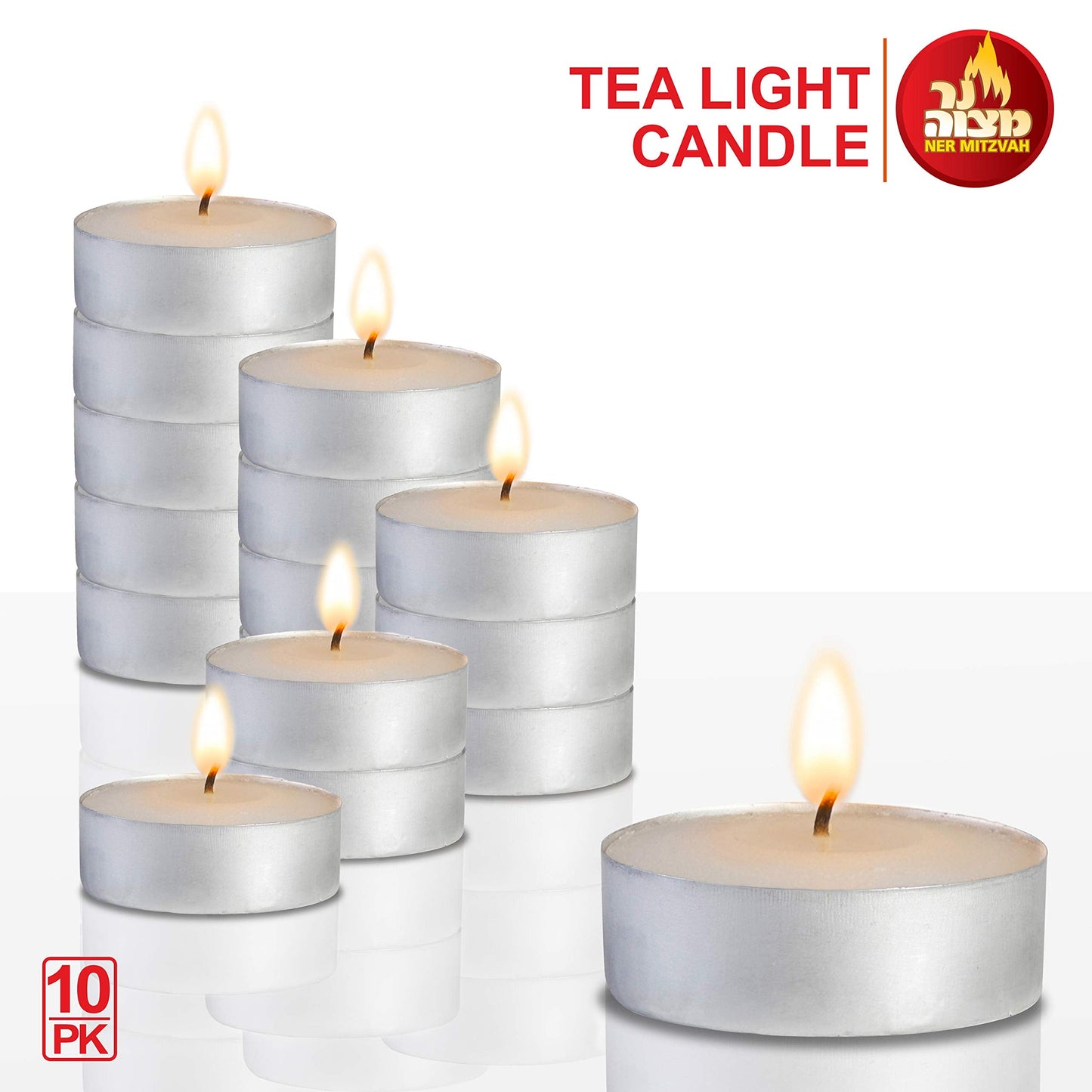 Ner Mitzvah Tea Light Candles - 10 Pack - White Unscented Travel, Centerpiece, Decorative Candle - 4.5 Hour Burn Time - Pressed Wax