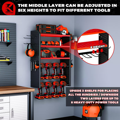 KAFAHOM Power Tool Organizer, Large 8 Drill Holder Wall Mount with 2 Side Pegboards,5 Layer Heavy Duty Metal Tool Storage Rack, Tool Shelf for Garage Organization, Utility Battery Shelves - Red