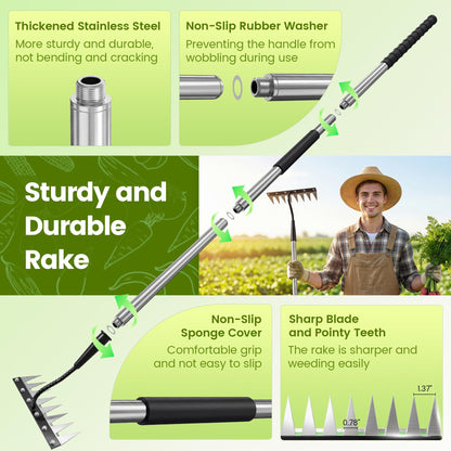 YALEENT Iron Weeding Rake with Long Handle - Upgraded 8 Teeth Weed Puller Tool, Heavy Duty Manual Weeder Remover Tool for Weeding, Cultivating & Soil Aeration