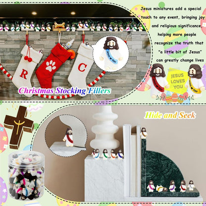 60 Pcs Little Jesus Figures Easter Mini Rubber Toys to Hide and Seek, Pocket Jesus Loves You Miniatures Religious Party Favors Baptism Gifts Sunday School Easter Egg Stuffers (10 Color_60)