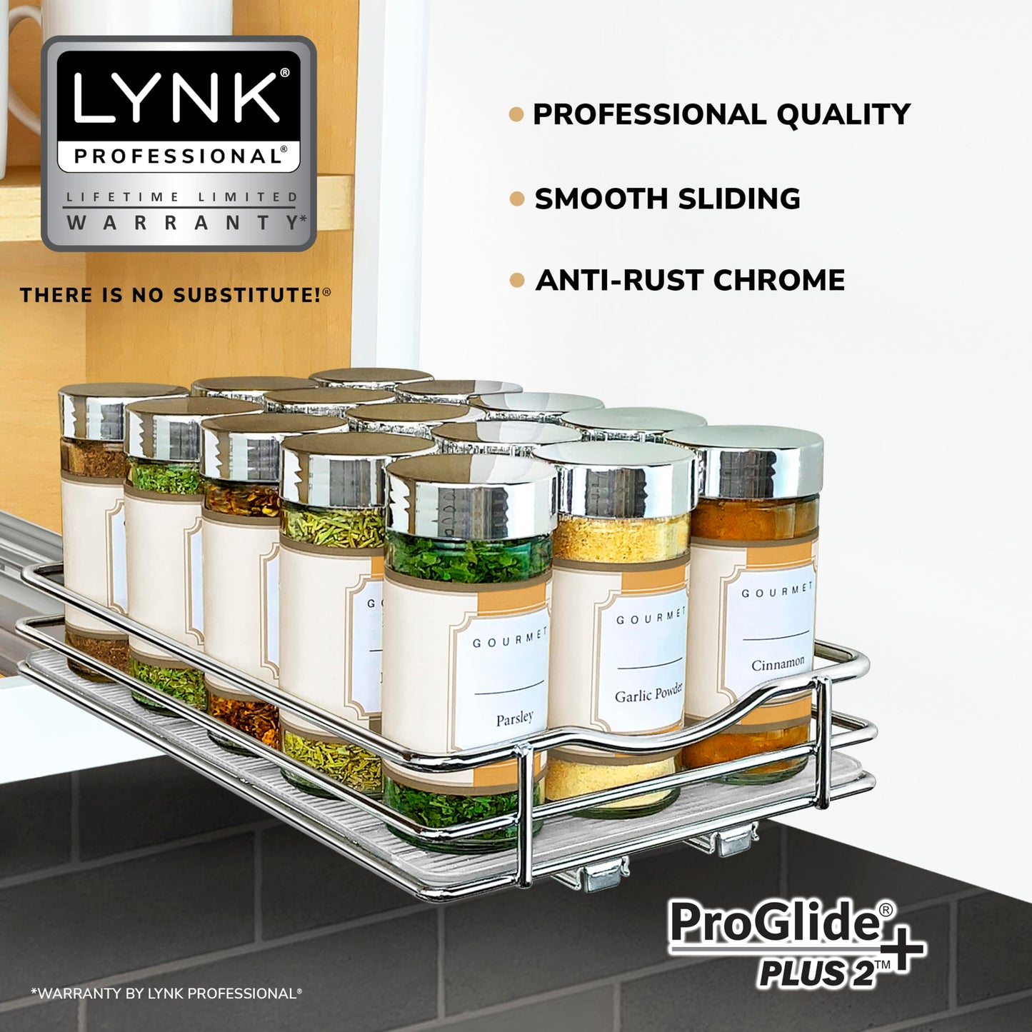 LYNK PROFESSIONAL® Pull Out Spice Rack Organizer for Inside Kitchen Cabinets - 4-1/4 inch Wide - Slide Out Drawer – Chrome Sliding Spice Cabinet Organization Shelf Racks - 2 Tier