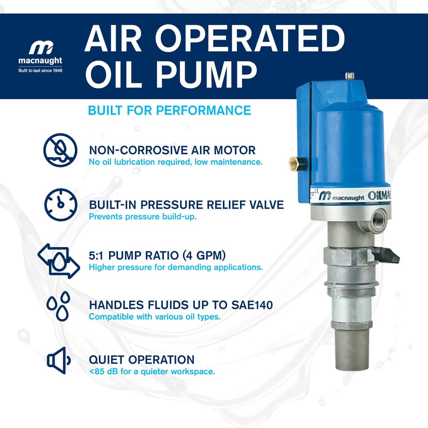 Macnaught Ratio 5:1 Air Operated Pneumatic Oil Transfer Pump. Engine and gear oils up to SAE140, auto trans, hydraulic fluid and anti-freeze/anti-boil (NOT for Gasoline or Diesel)