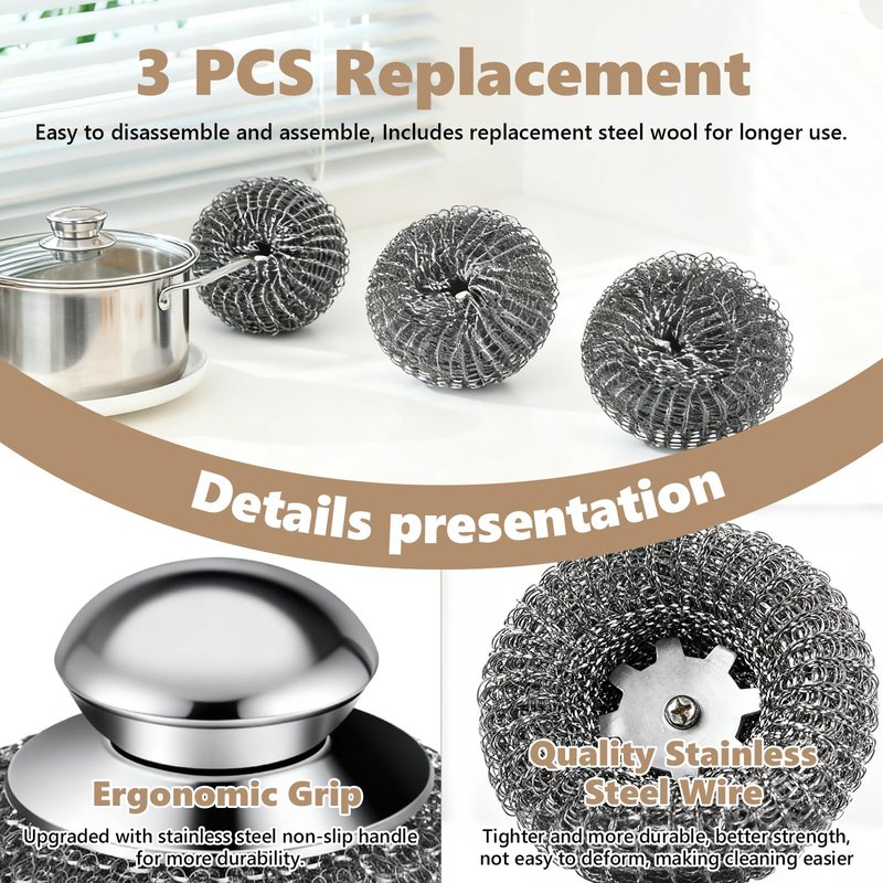 Steel Wool Scrubber, 4-Pack Stainless Steel Scrubber Pads with Handle - The Ultimate Scouring Solution for Rust, Stubborn Messes on Cookware, Grill, Oven & Kitchen Sinks