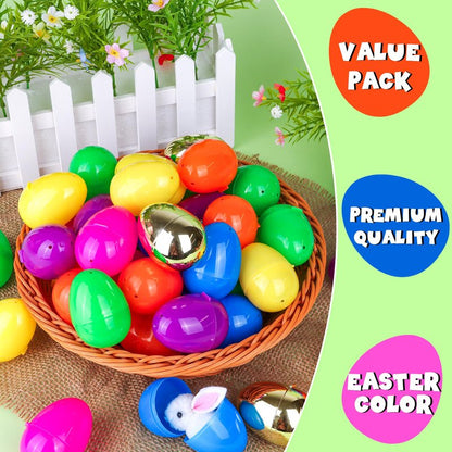 100 Pack 3 Inch Large Fillable Plastic Easter Eggs Bulk Include 6 Surprise Golden Eggs, Bright Color Empty Easter Eggs for Easter Hunts, Basket Stuffers Fillers, Easter Party Favors Classroom Prize