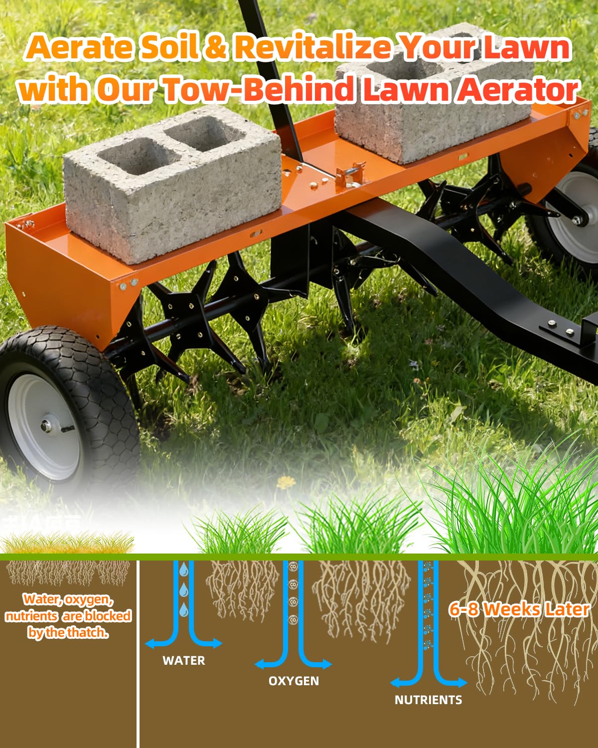 48" Tow Behind Aerator, Pull Behind Lawn Aerator Tool with Universal Hich, 32 Rust-Proof Knives & Heavy-Duty Tires, Plug Aerator for Yard & Garden Compacted Soil, Fits Lawn Tractors, ATV, UTV, Orange
