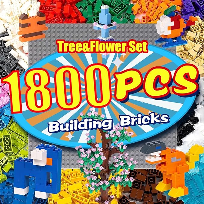 1800 Pieces Building Bricks SetBuilding Bulks Blocks with 1 Packs 24x24 Studs Sticky Plates205 Pcs Flowers and Tree Set 14 Colors 18 Random Bulk Shapes Creative Toy Gift for Boys Girls