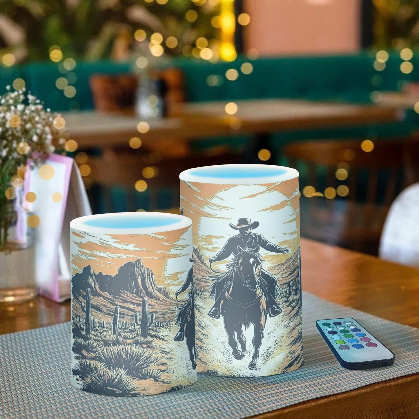 ALAZA Flickering Flameless Candles Western Cowboy Sunset Desert Cactus Battery Operated Candles with Remote Timer LED Pillar Votive Candles Set of 2 for Holiday Decor