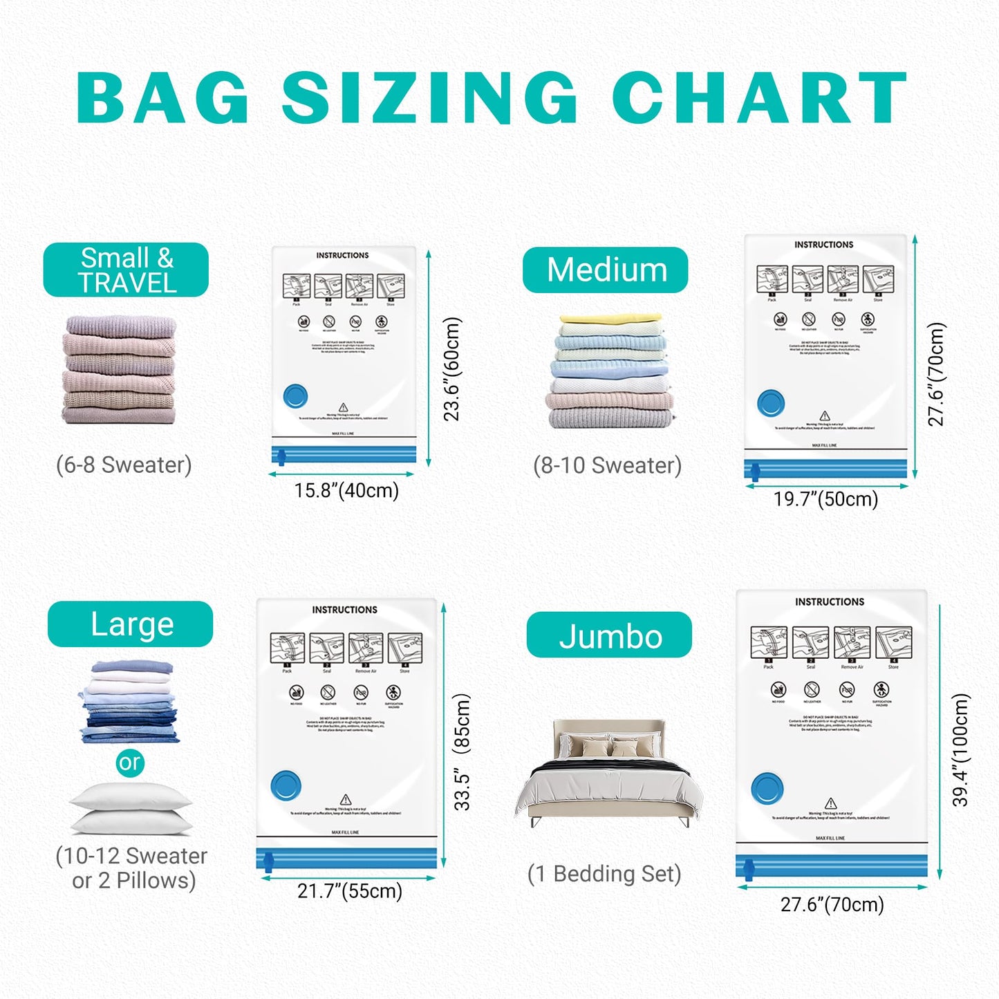 ZOESTORAGE 15 Pack Vacuum Storage Bags 80% Space Saver Vacuum Seal Bags for Clothing Compression for Comforters Blankets Travel Luggage Clothes with Hand Pump（3 Jumbo/3 Large/3 Medium/3 Small/3 Roll）