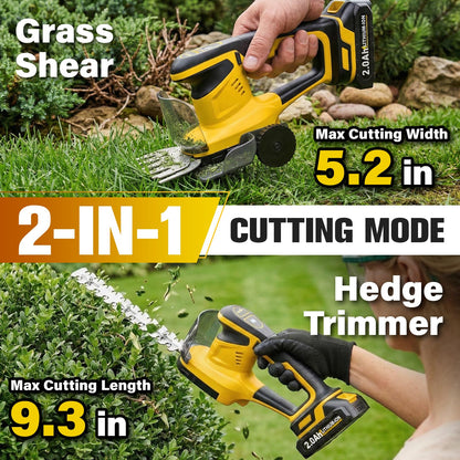 FULLYEA Cordless Hedge Trimmer, 2-in-1 Electric Shrub Trimmer & Grass Shear, Lightweight Bush Trimmer with 2 Blades & 2*2.0Ah Batteries, Handheld Grass Trimmer, Battery Powered Hedge Cutter (Yellow)