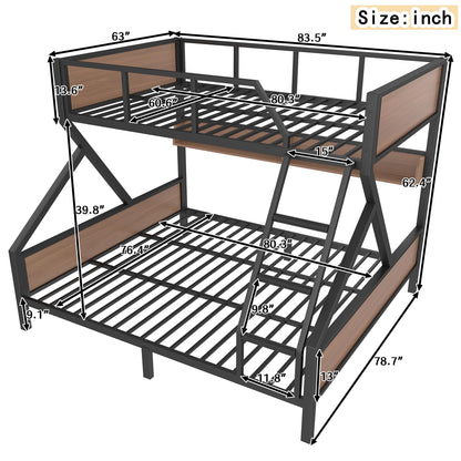 Bellemave Queen Over King Size Bunk Bed with Storage Shelves and LED Lights,Heavy Duty Adult Bunk Beds with Angled Ladder,Metal Queen Bunk Bed,Black