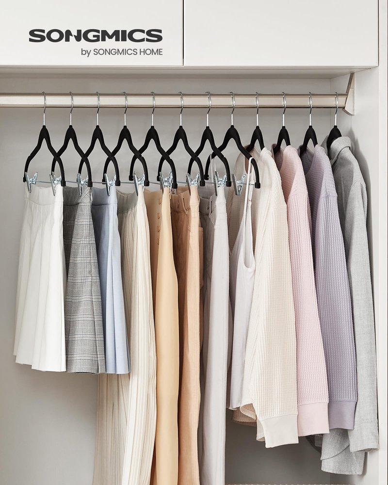 SONGMICS 30 Pack Pants Hangers, 16.7 Inches Long Velvet Trousers Hangers with Adjustable Clips, Heavy-Duty, Non-Slip, Space-Saving for Pants, Skirts, Coats, Dresses, Tank Tops, Black UCRF12B30