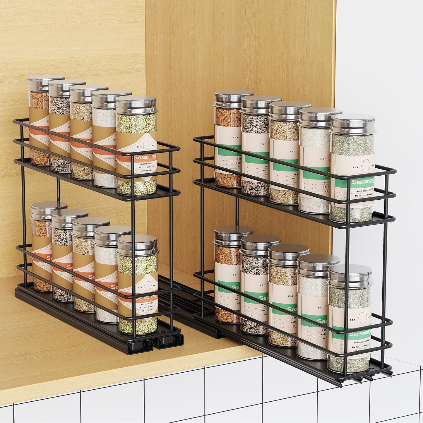 Pull Out Spice Rack Organizer for Cabinet, Slide Out Spice Racks, Easy to Install, 2.1''Wx10.35''Dx8.26''H, 3 Drawers 2 Tiers(Black)