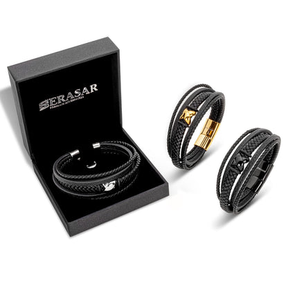 SERASAR Pulsera de cuero plateado 20cm para hombre idea regalo, genuino, caja cierre magnetico ajustable