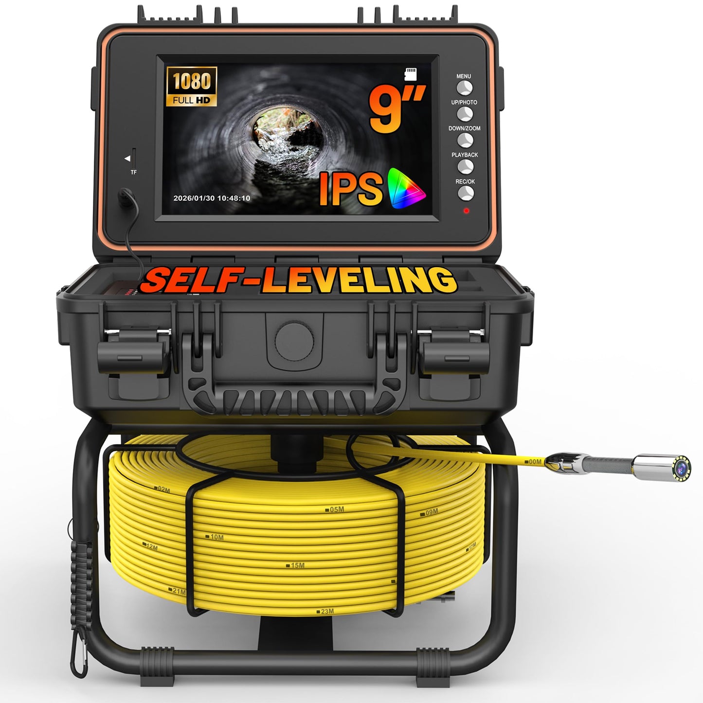 Sewer Camera, 9" HD Industrial Borescope Drain Camera with Self-Leveling, IP68 Video Endoscope Pipe Inspection Cameras, 100Ft(30M) 5MM Thicker Cable with Meter Marking, 5X Zoom, DVR, 32GB