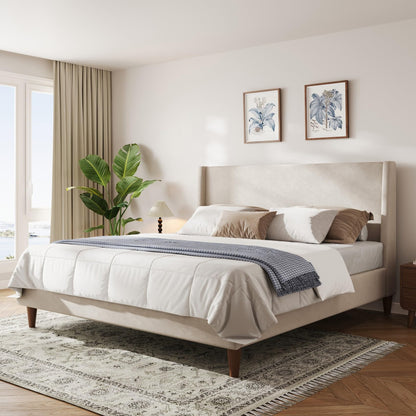 Merax Solid Wood King Size Velvet Bed Frame with Wingback Headboard, Modern Upholstered Platform with Walnut Wooden Legs, Strong Wooden Slats, No Box Spring Needed, Beige