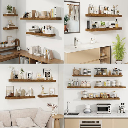 fuqing Floating Shelves for Wall, Wall Mounted Wood Floating Shelf with Invisible Brackets for Living Room, Bathroom, Bedroom, Kitchen Storage and Decor, 36 Inch Set of 2, Rustic Brown