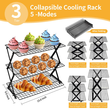 ZESHIHAOGUO 3-Tier Collapsible Cooling Rack with 3-Setting Design, Heavy-Duty Steel Baking Rack for Oven Safe Cooking & Space-Saving Storage