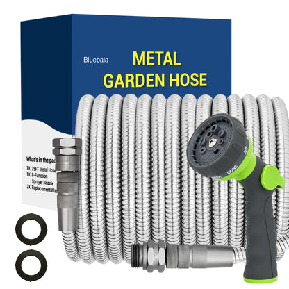 50 FT Stainless Steel Garden Hose – 304 Steel Heavy Duty Metal Hose, No-Kink, Puncture Resistant, Lightweight, Leak-Proof Swivel Fittings, 8-Pattern Nozzle for Garden, Yard, Outdoor Cleaning