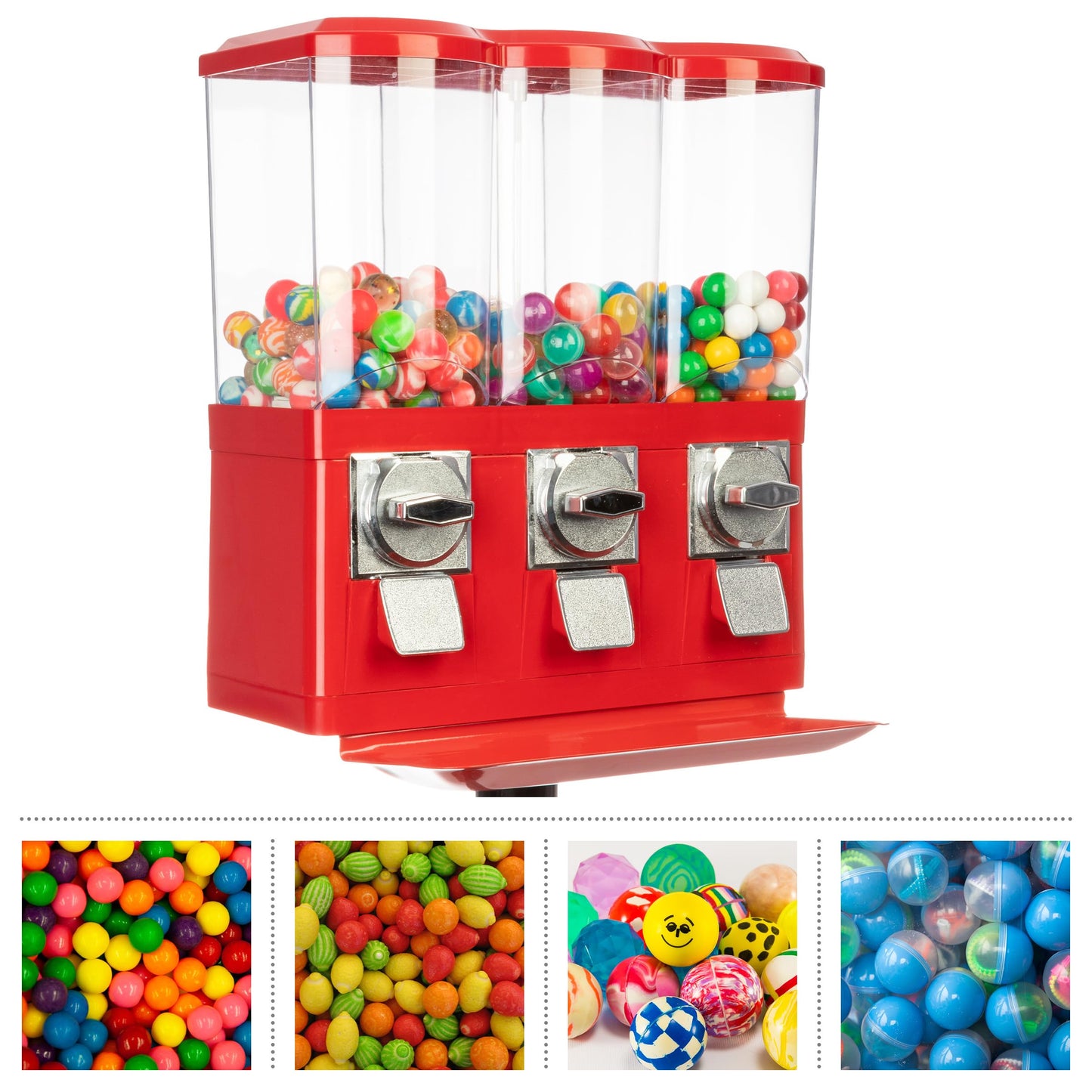 Gumball Machine - Triple Candy Machine Dispenser for Gumballs, Capsules, and Candy - Vending Machines for Business by Great Northern Popcorn (Red)